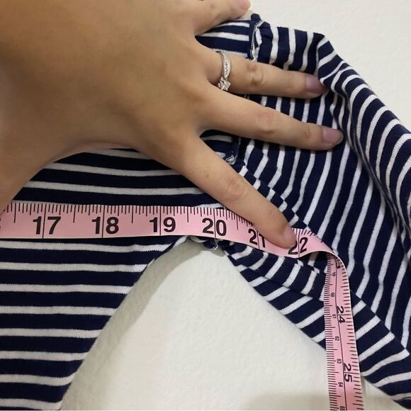 BeachLunchLounge Oversized Navy White Striped Shift Dress Bell Sleeve - Picture 5 of 8